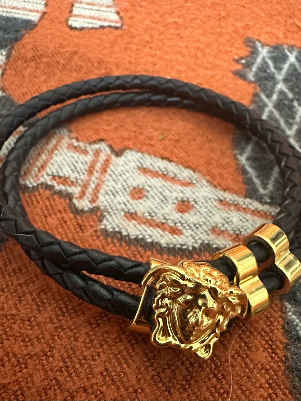 VERSACE ❤️🌟BLACK BRAIDED LEATHER BRACELET WITH GOLD MEDUSA ⭐️
